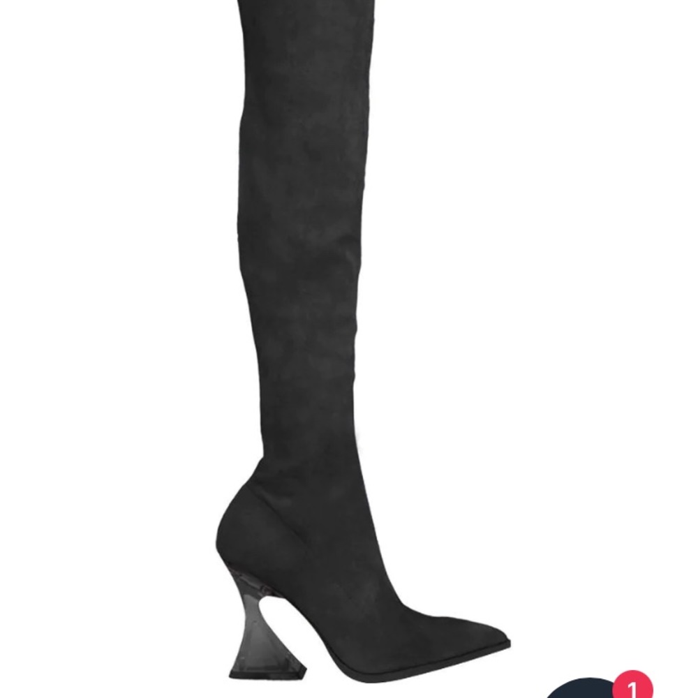 Black Suede thigh high boots with Lucite sculpted heel. Size 9.